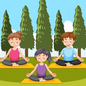People doing yoga at park illustration
